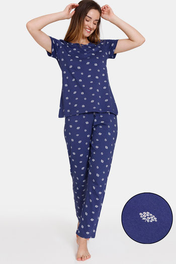 Buy Zivame Ditsy Florals Knit Cotton Pyjama Set - Medieval Blue1